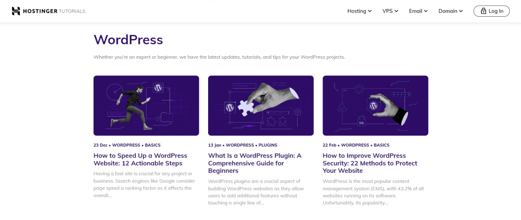 The Hostinger Tutorials page showcases a list of WordPress tutorials.
