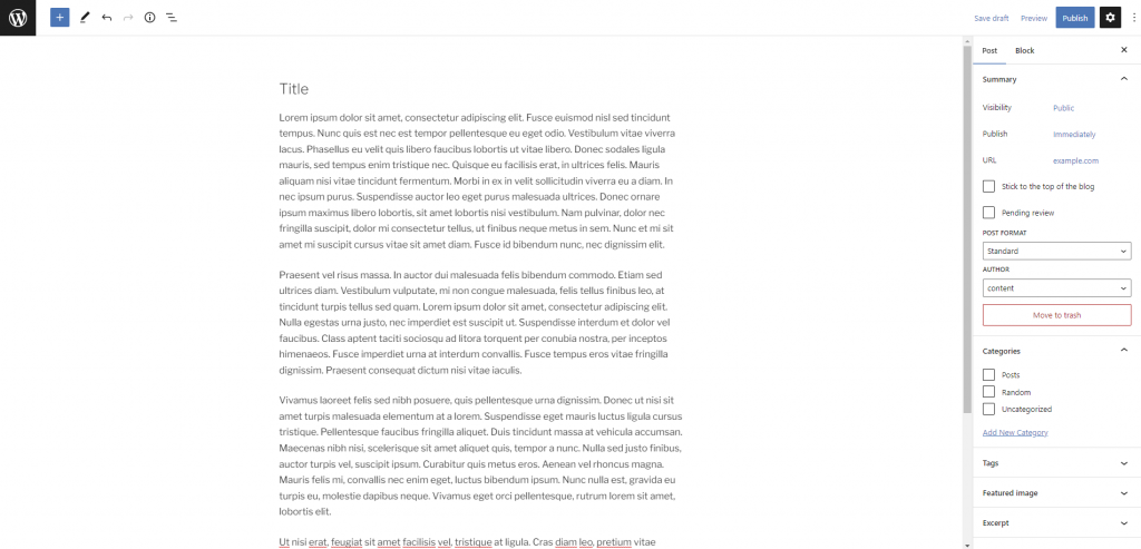 The Gutenberg block editor with dummy text in the work area and a sidebar on the right side of the page.