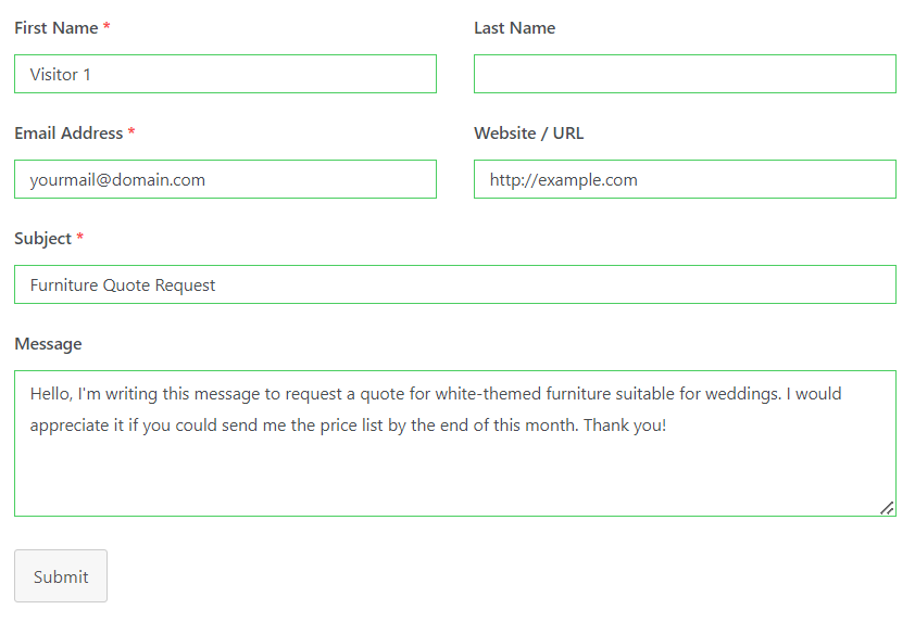 An example of Everest Forms' contact form showing a quote request message from a visitor