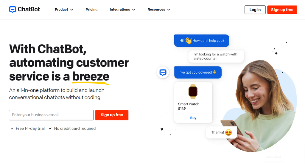Homepage of ChatBot, an AI-driven live chat customer support platform