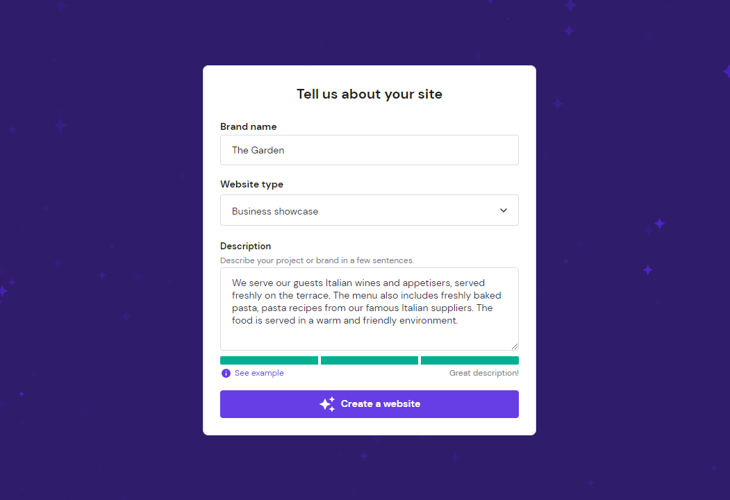 The second stage of Hostinger Website Builder AI onboarding flow, asking users to describe their brand and website