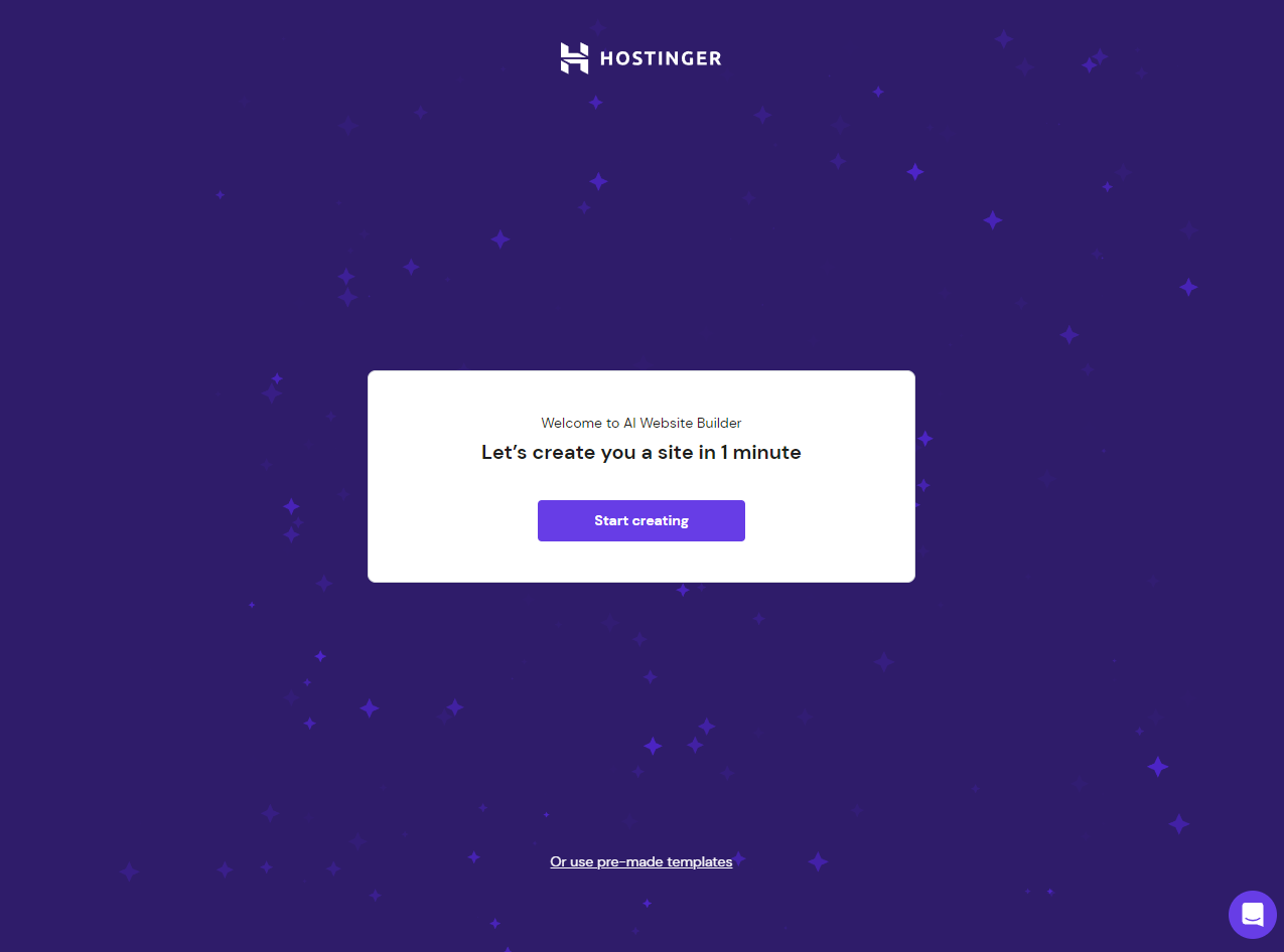 Hostinger Website Builder AI onboarding flow, asking users to click the button to create a site in one minute