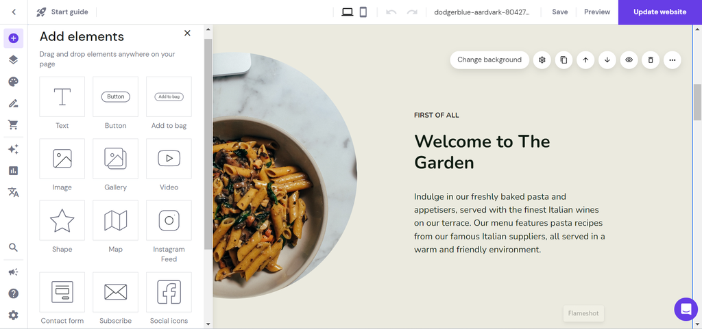 Hostinger Website Builder drag-and-drop editor interface, showing where to add new elements
