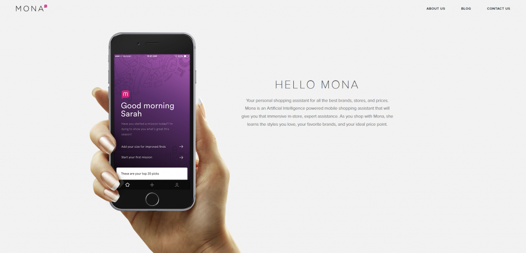 The homepage of Mona virtual assistant.