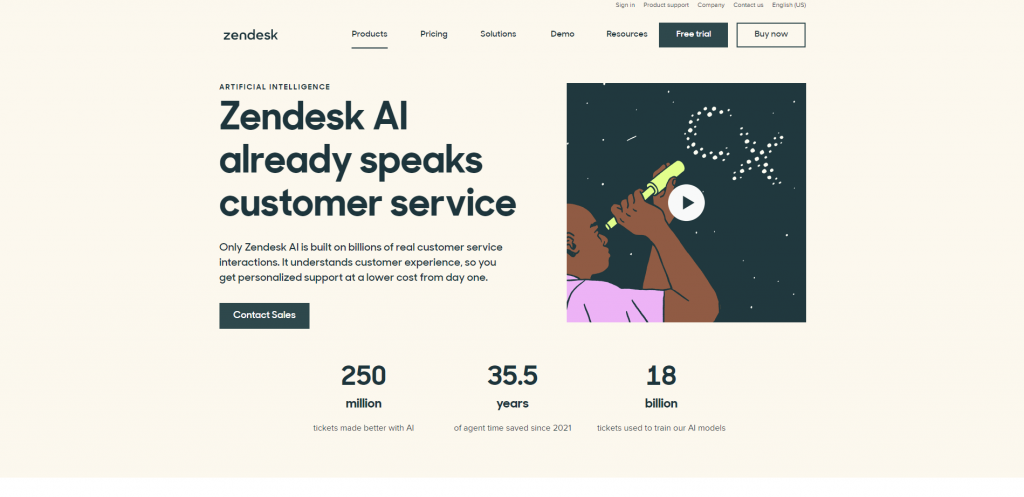 The landing page of Zendesk AI.