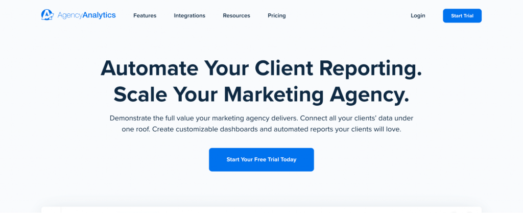 alt text: Homepage of Agency Analytics SEO reporting and client management tool