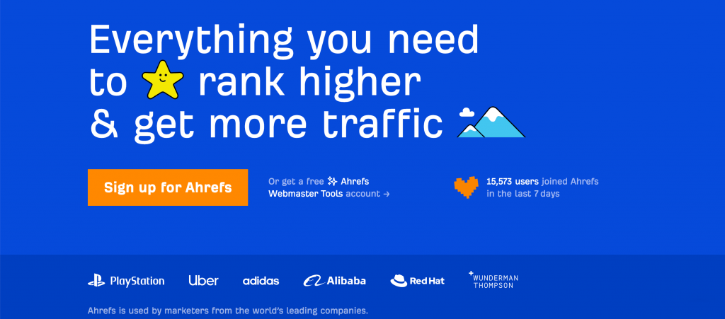 Homepage of the Ahrefs SEO software tool
