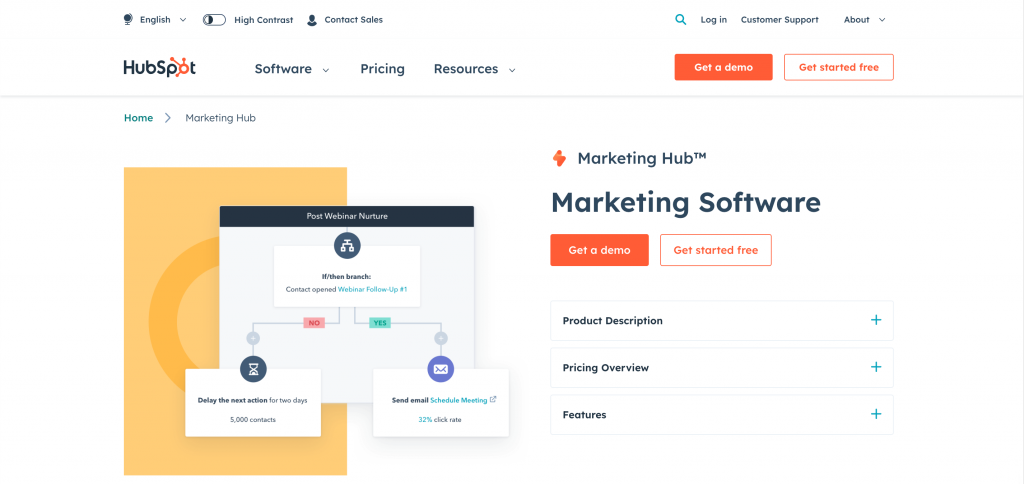 Homepage of the HubSpot Marketing Hub software