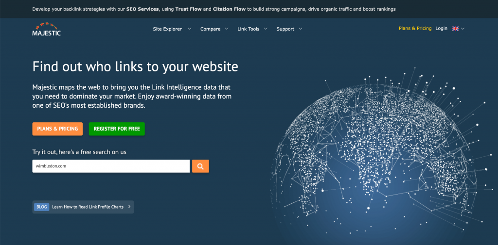 Homepage of Majestic link intelligent tool