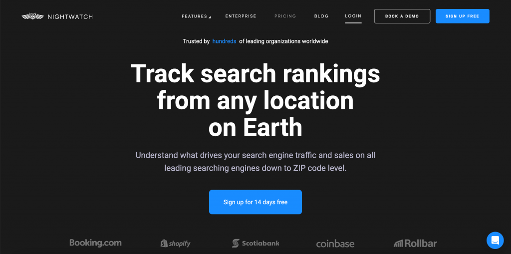 Homepage of Nightwatch search ranking tracker tool