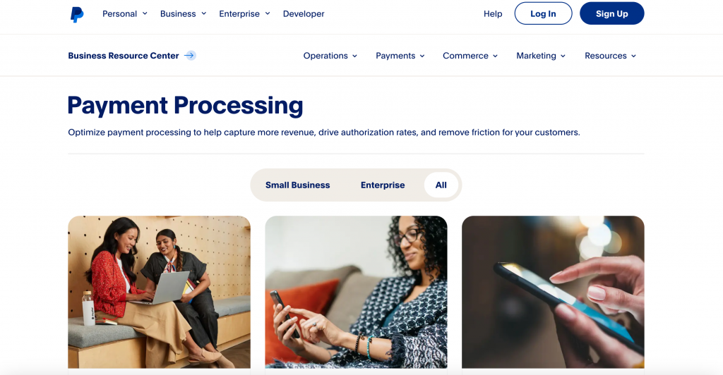Homepage of PayPal payment processing platform