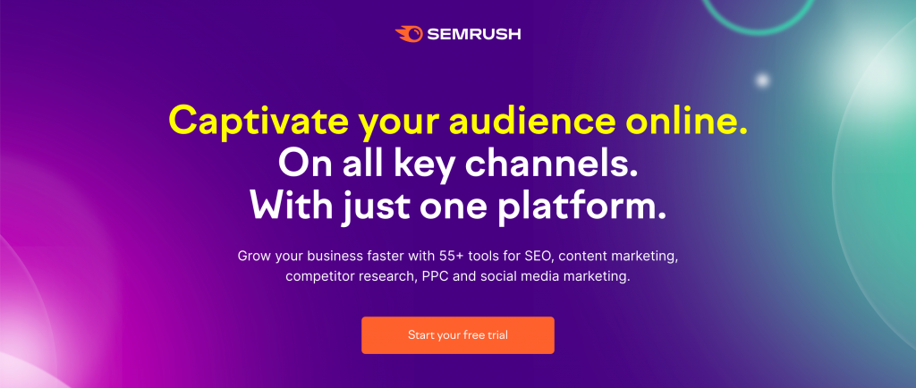 Homepage of SEMrush SEO software tool