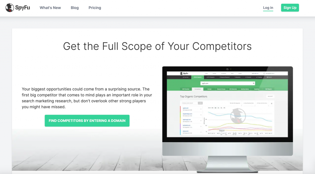 Homepage of SpyFu competitor analysis tool