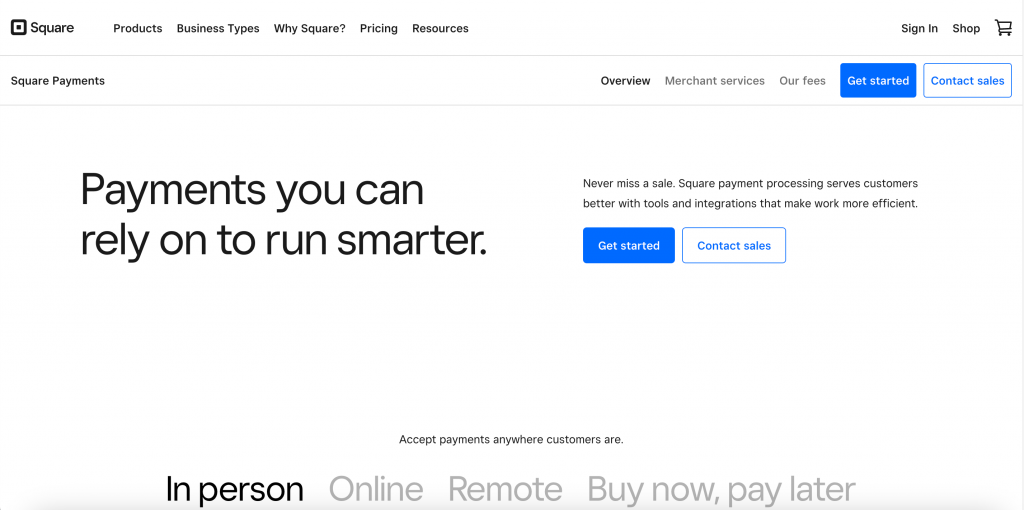 Homepage of Square payment processing platform
