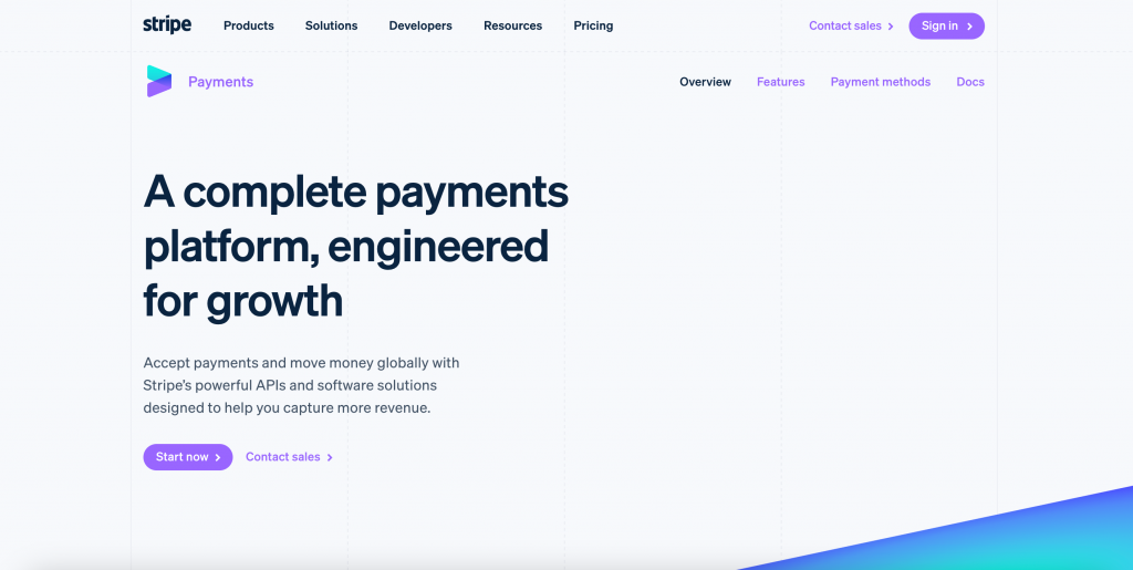 Homepage of Stripe payment processing tool