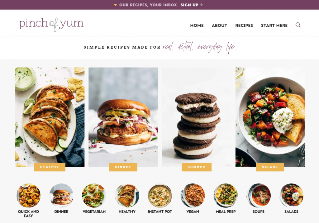 Homepage of Pinch of Yum, a WordPress blog that focuses on easy-to-follow recipes