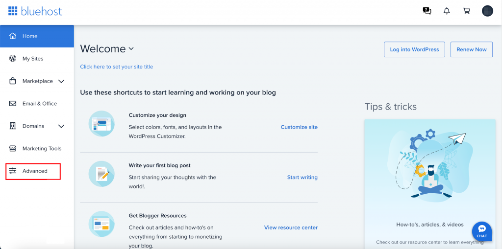 The Advanced option on the Bluehost hosting account dashborad