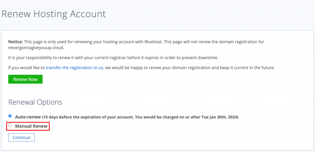 he Manual Renewal option that stops your hosting package from automatically renewing