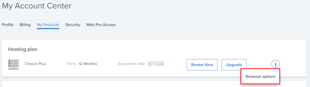 The Renewal options button next to the Hosting package