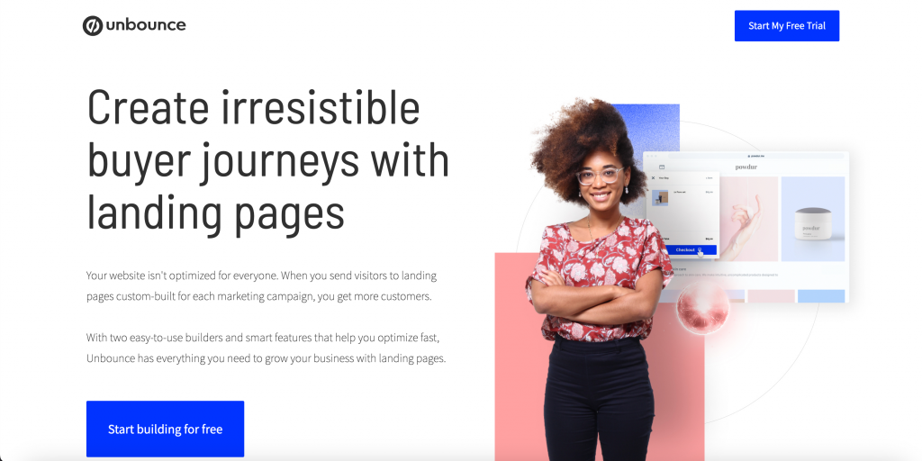 Homepage of landing page building tool, Unbounce