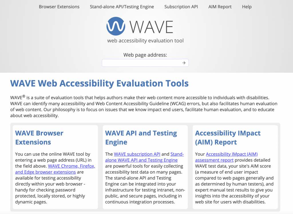 Homepage for web accessibility evaluation tool, WAVE