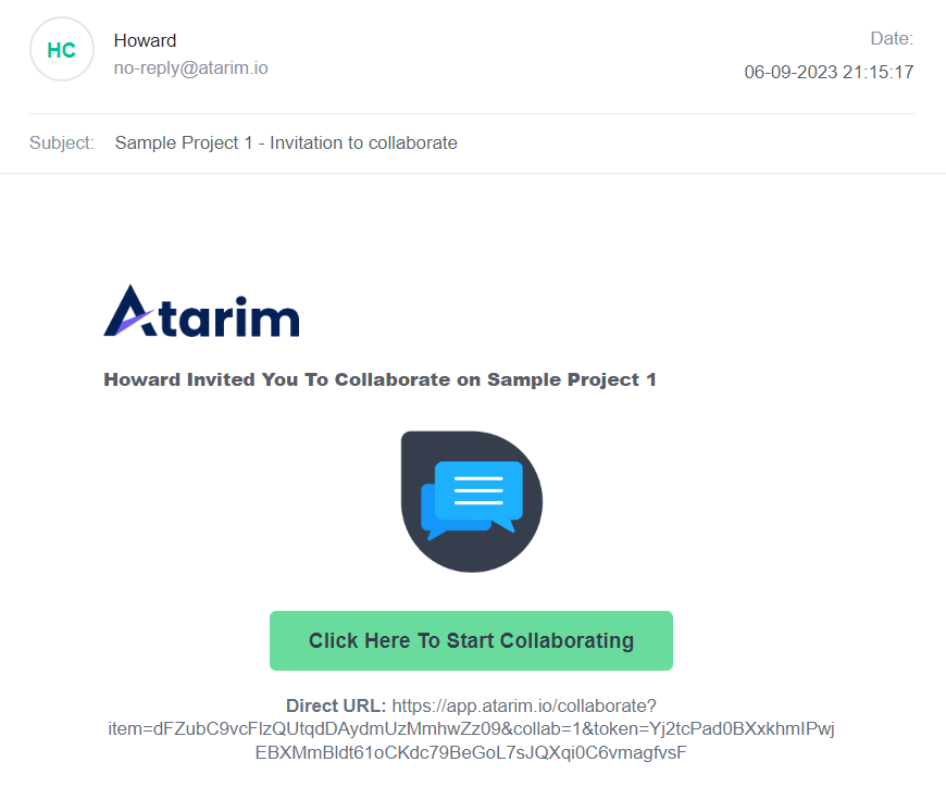 Atarim's invitation to collaborate email for clients