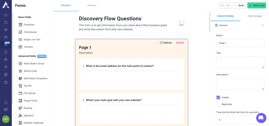 Atarim's form builder, where you can add questions and configure the question formats