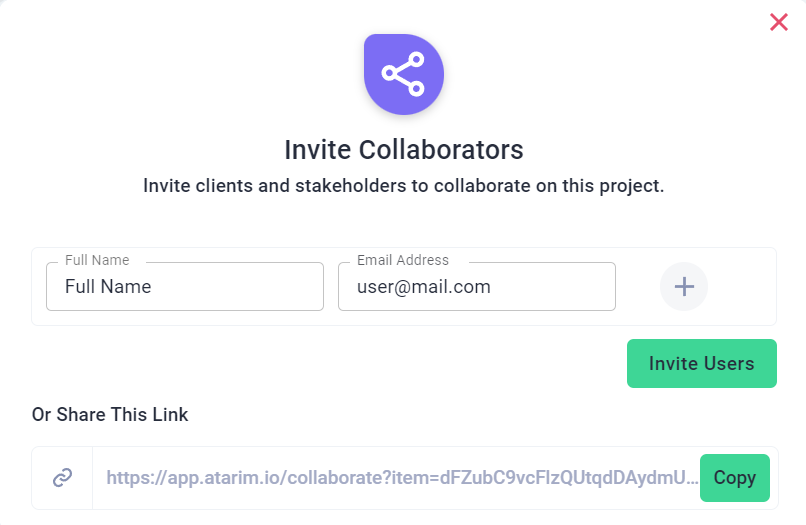 Inserting clients' or team members' full names and email addresses to invite them to Atarim