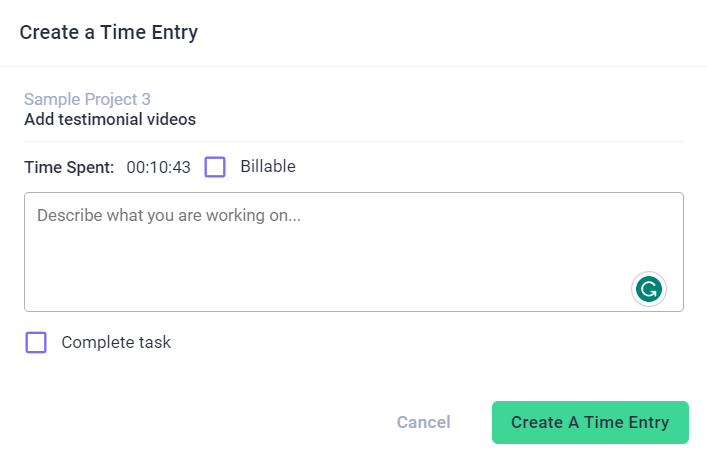 Creating a time entry on Atarim