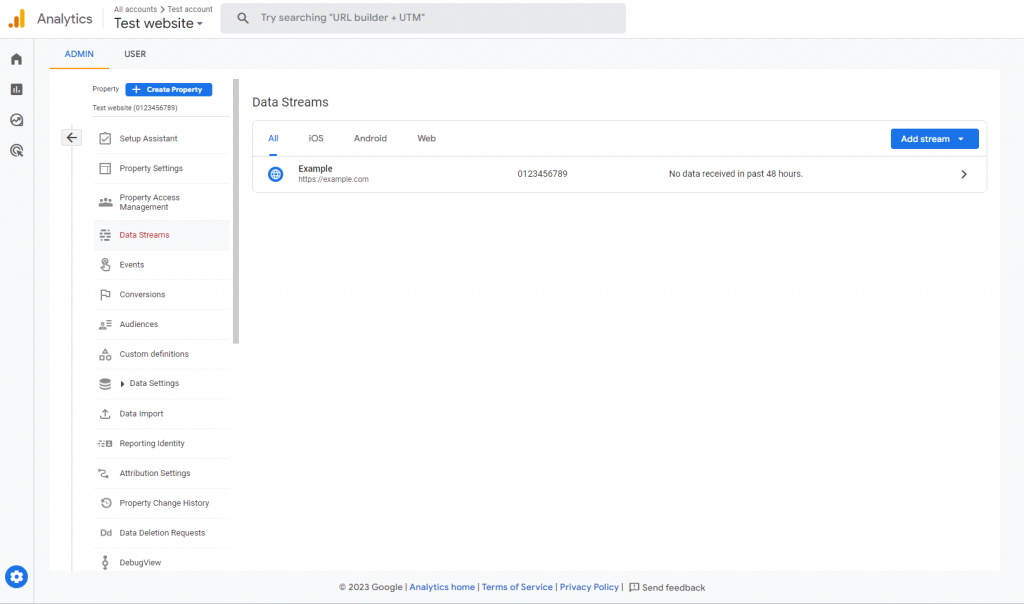 The Data Streams page on Google Analytics 4's Admin menu