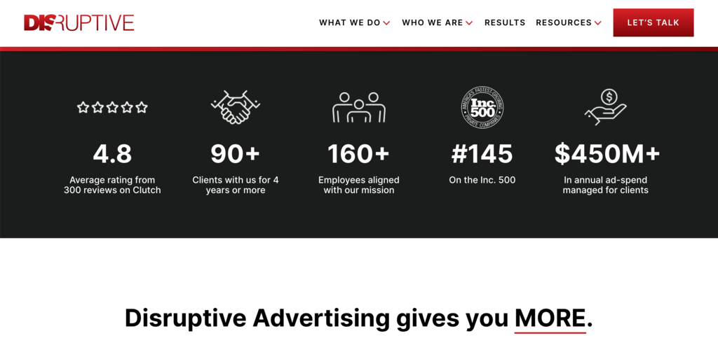 Homepage of performance-based agency, Disruptive Advertising