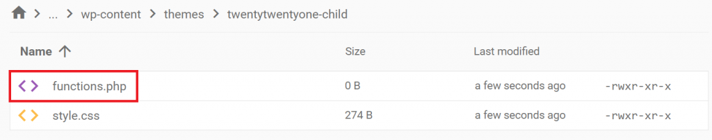 The functions.php file in the twentytwentyone-child folder