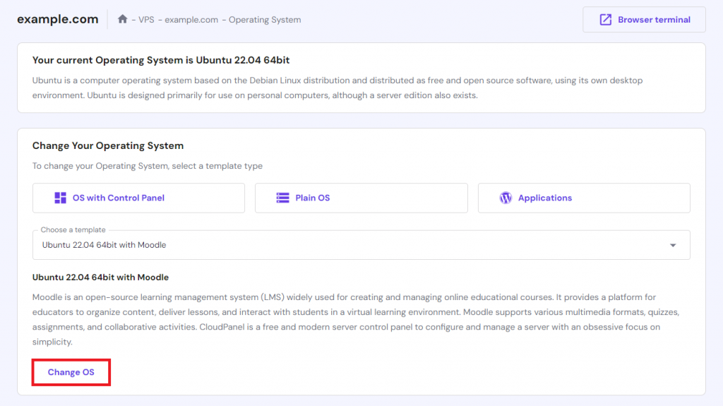 Changing the VPS' operating system to the Ubuntu 22.04 6bit with Moodle template on hPanel