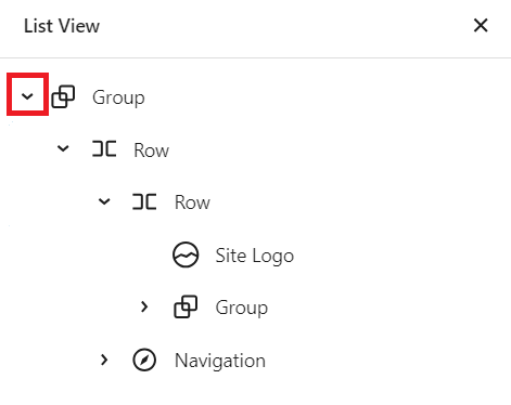 The Twenty Twenty-Four theme's group block on the header list view. The collapsible arrow is highlighted