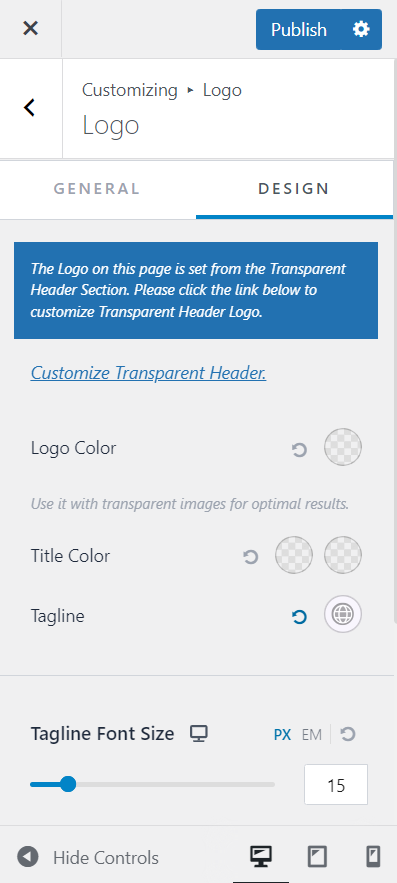 The design tab on Astra's header builder Site Title & Logo configurations.