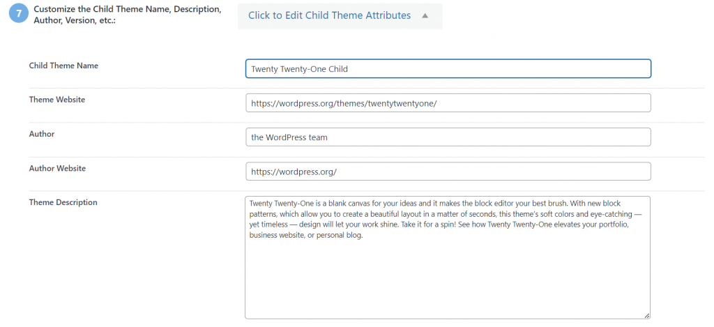 Customizing child theme's information in the Child Theme Configurator dashboard