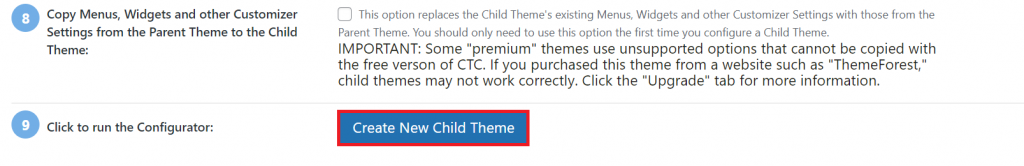 Creating a new child theme in the Child Theme Configurator dashboard
