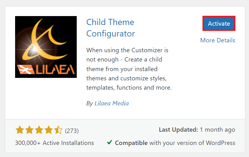 Activating the Child Theme Configurator plugin in the WordPress dashboard