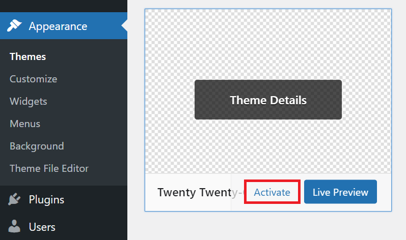 Activating the Twenty Twenty-One Child theme in the WordPress dashboard