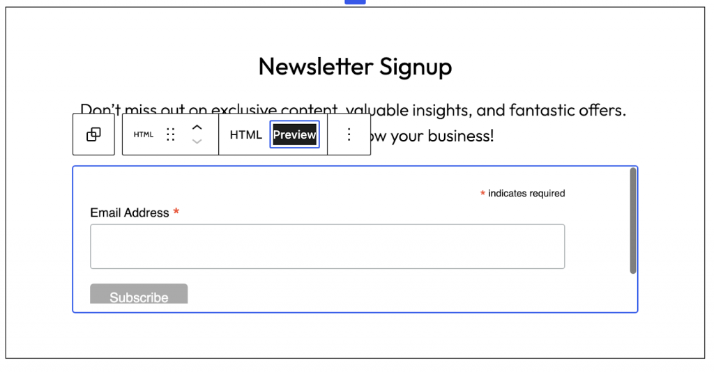 Preview of a custom-coded email newsletter signup form
