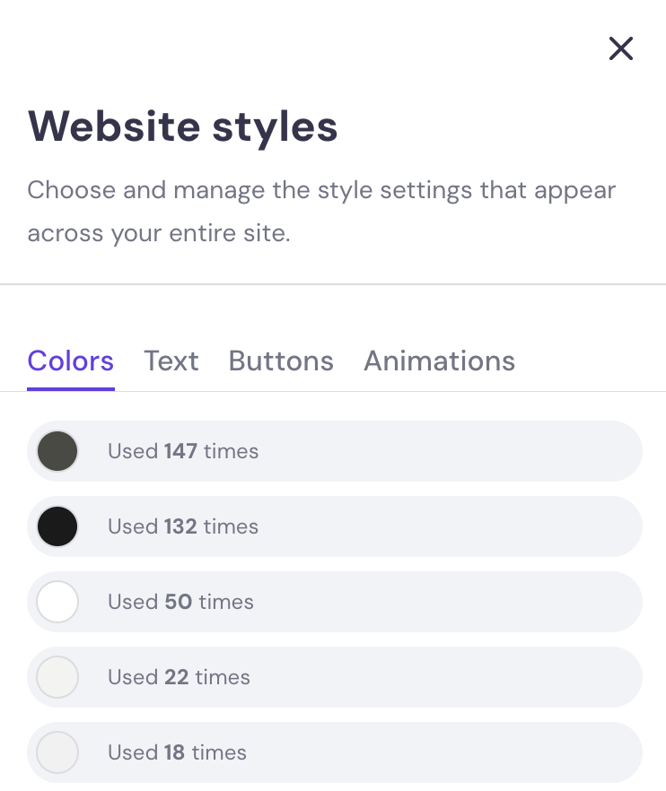 Website styles menu close-up
