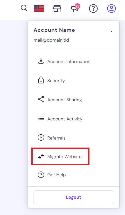 Accessing the Migrate Website menu on hPanel