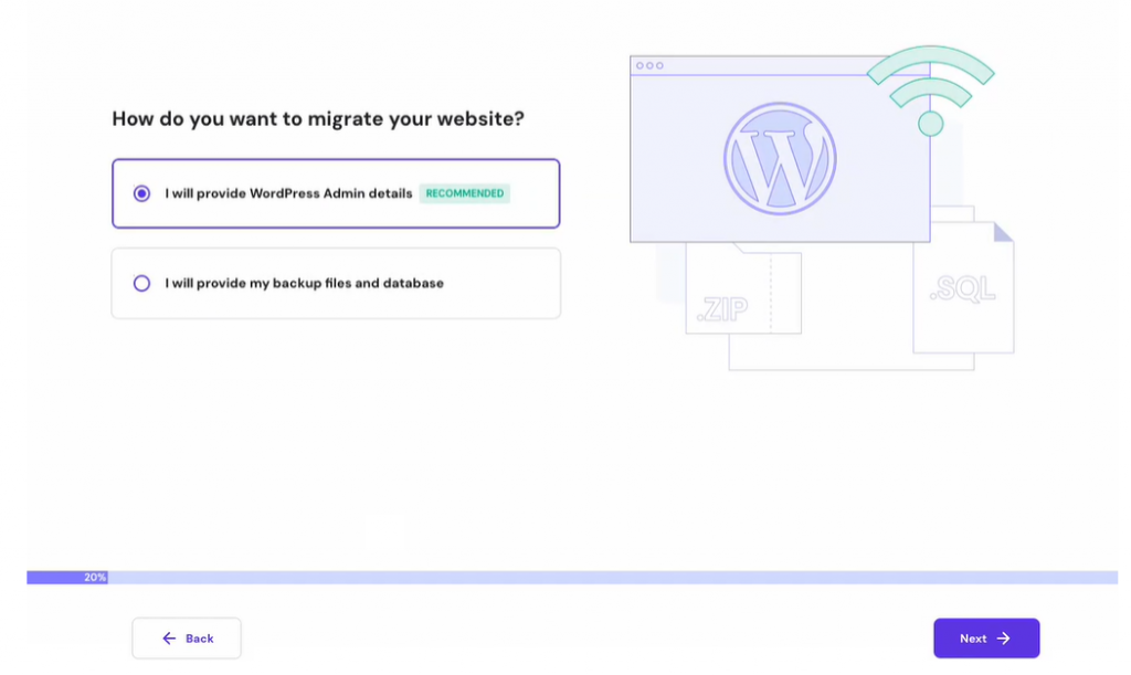 Selecting the "I will provide WordPress Admin details" on the new migration flow's wizard of hPanel