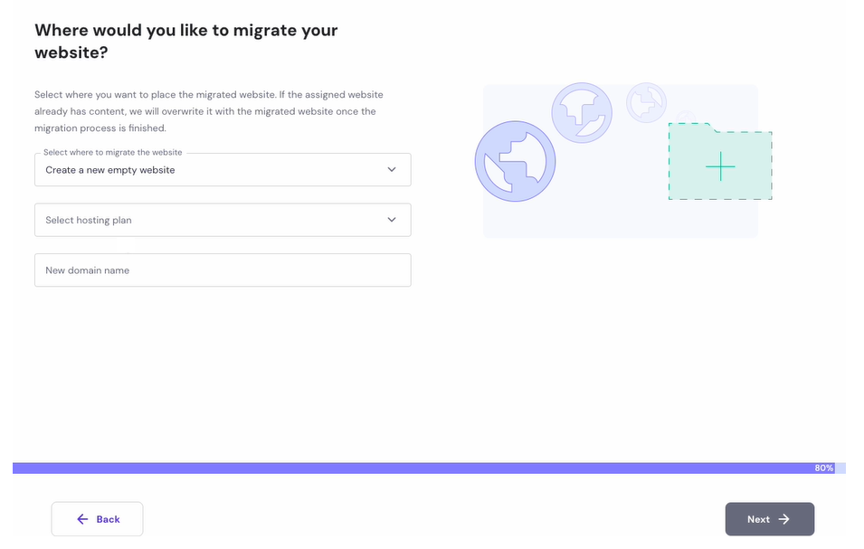 Entering the migration location, hosting plan, and domain name on the new migration flow's wizard of hPanel