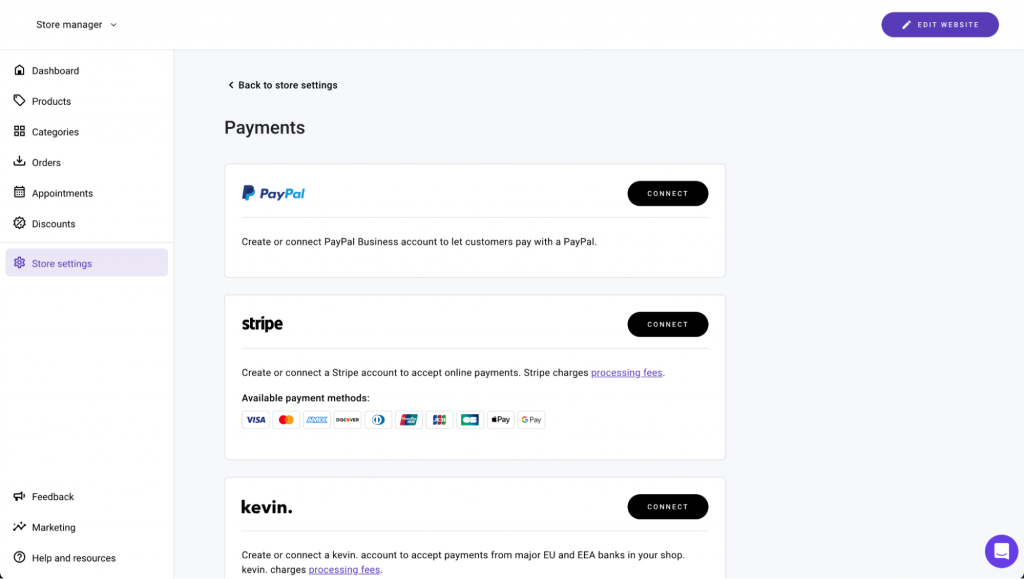 Payment settings in Store manager