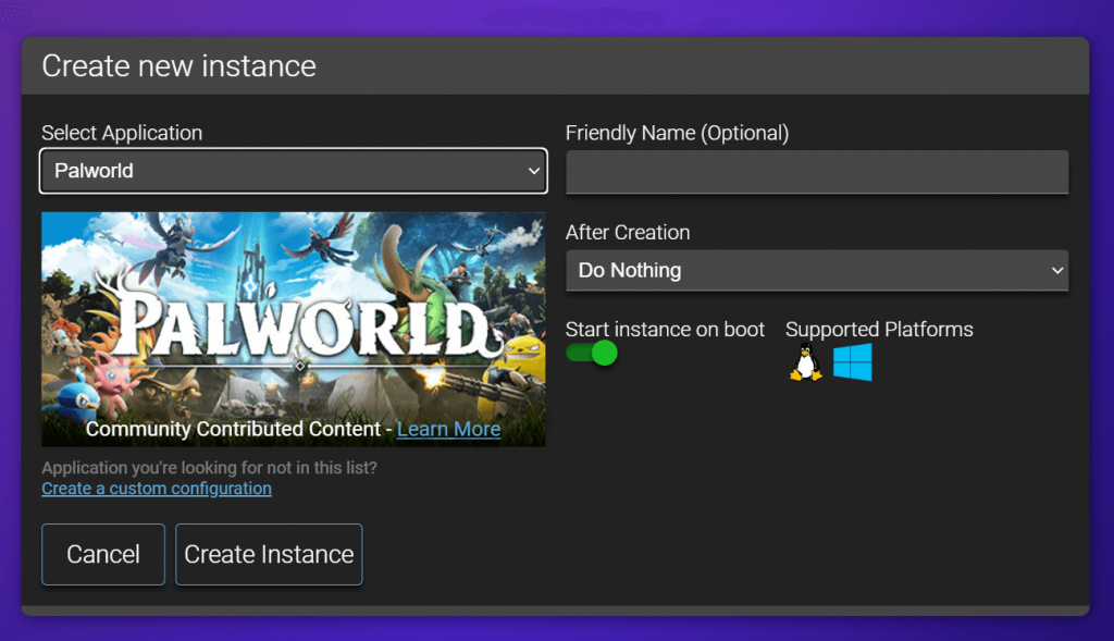 Create new instance window with Palworld as the selected application