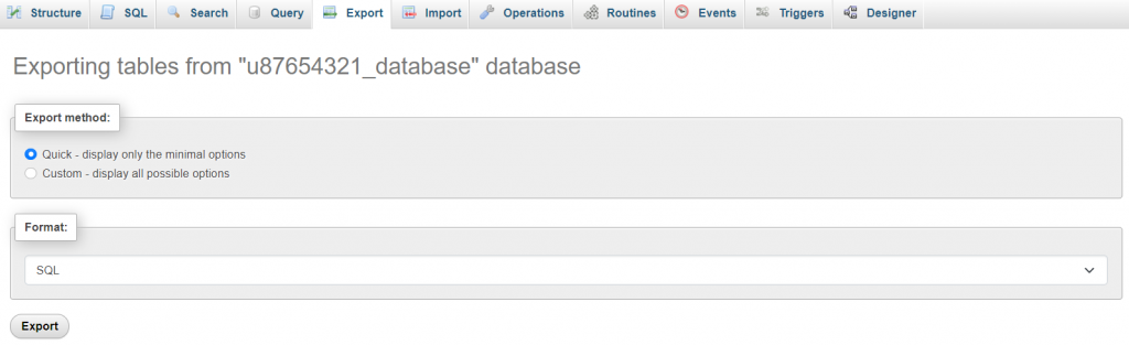 Exporting a database on phpMyAdmin