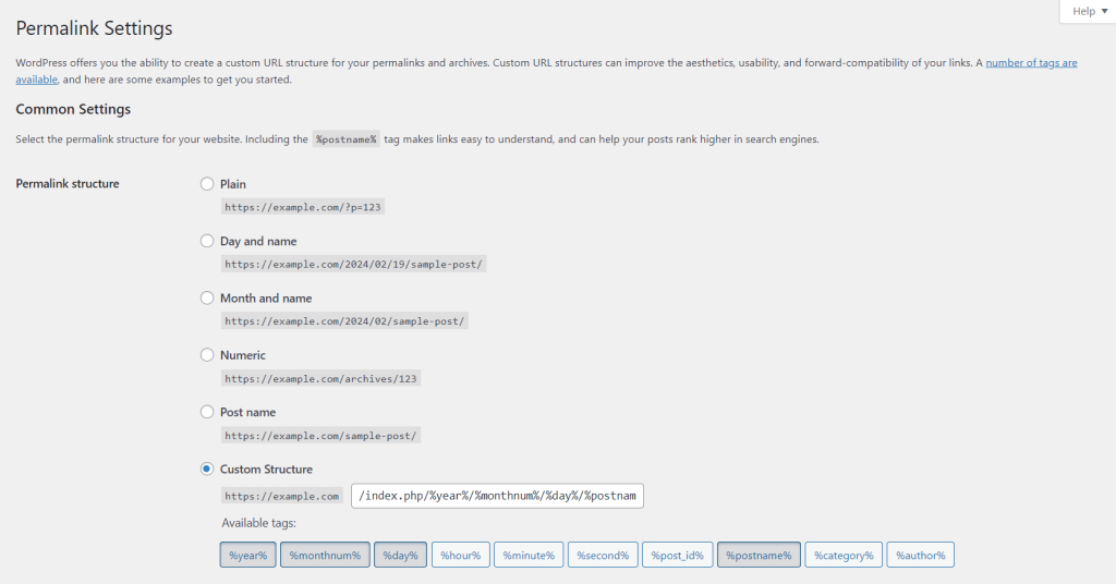 Configuring permalink settings on the WordPress dashboard