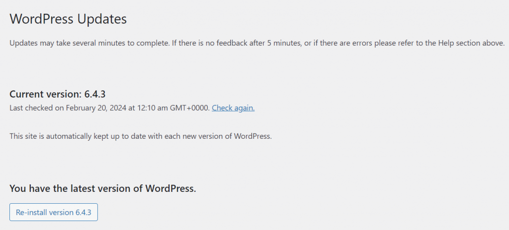 The "You have the latest version of WordPress." message on the WordPress dashboard