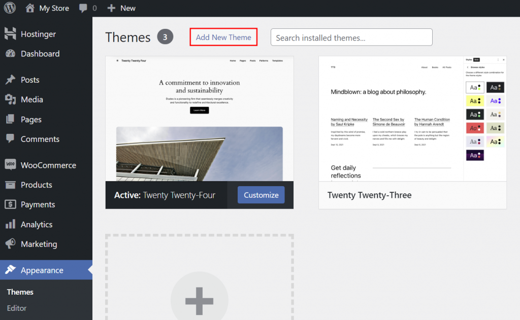 WordPress theme section, highlighting the button to add a new theme